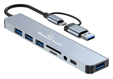 USB hub POWERTECH PTR-0151 με card reader, 8 θυρών, USB & USB-C, γκρι