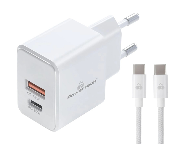 ΦΟΡΤΙΣΤΗΣ ΜΠΡΙΖΑΣ POWERTECH PT-1249, καλώδιο, USB/USB-C, 30W, GaN, λευκός