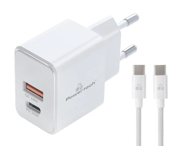 ΦΟΡΤΙΣΤΗΣ ΜΠΡΙΖΑΣ POWERTECH PT-1248, καλώδιο, USB/USB-C, 20W, GaN, λευκός