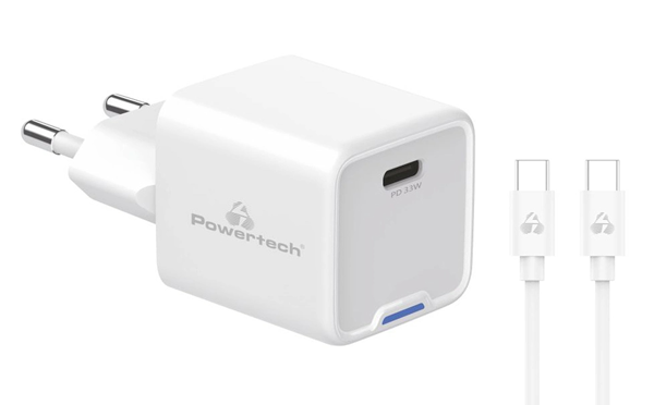 ΦΟΡΤΙΣΤΗΣ ΜΠΡΙΖΑΣ POWERTECH PT-1225 με καλώδιο, USB-C, 33W, GaN, λευκός
