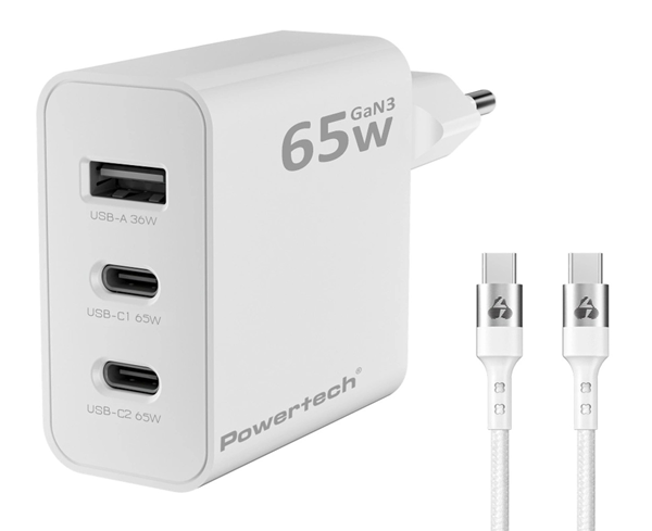 ΦΟΡΤΙΣΤΗΣ POWERTECH  PT-1378 με καλώδιο, USB/2x USB-C, 65W, GaN, λευκός