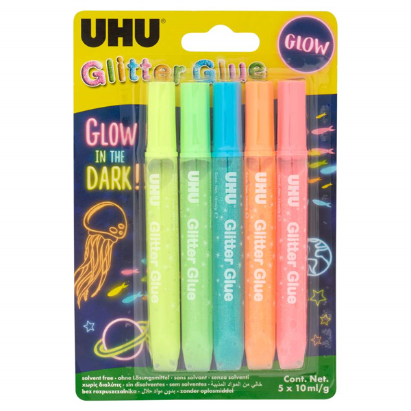 ΧΡΥΣΟΚΟΛΛΑ UHU GLITTER 5 ΤΕΜΑΧΙΑ 10ml GLOW IN THE DARK ΑΣΣΟΡΤΙ 10 ΤΕΜΑΧΙΑ