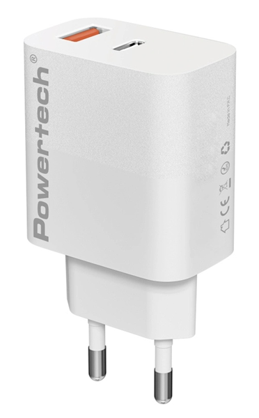 ΦΟΡΤΙΣΤΗΣ ΜΠΡΙΖΑΣ POWERTECH PT-1433, USB/USB-C, 30W, GaN, λευκός